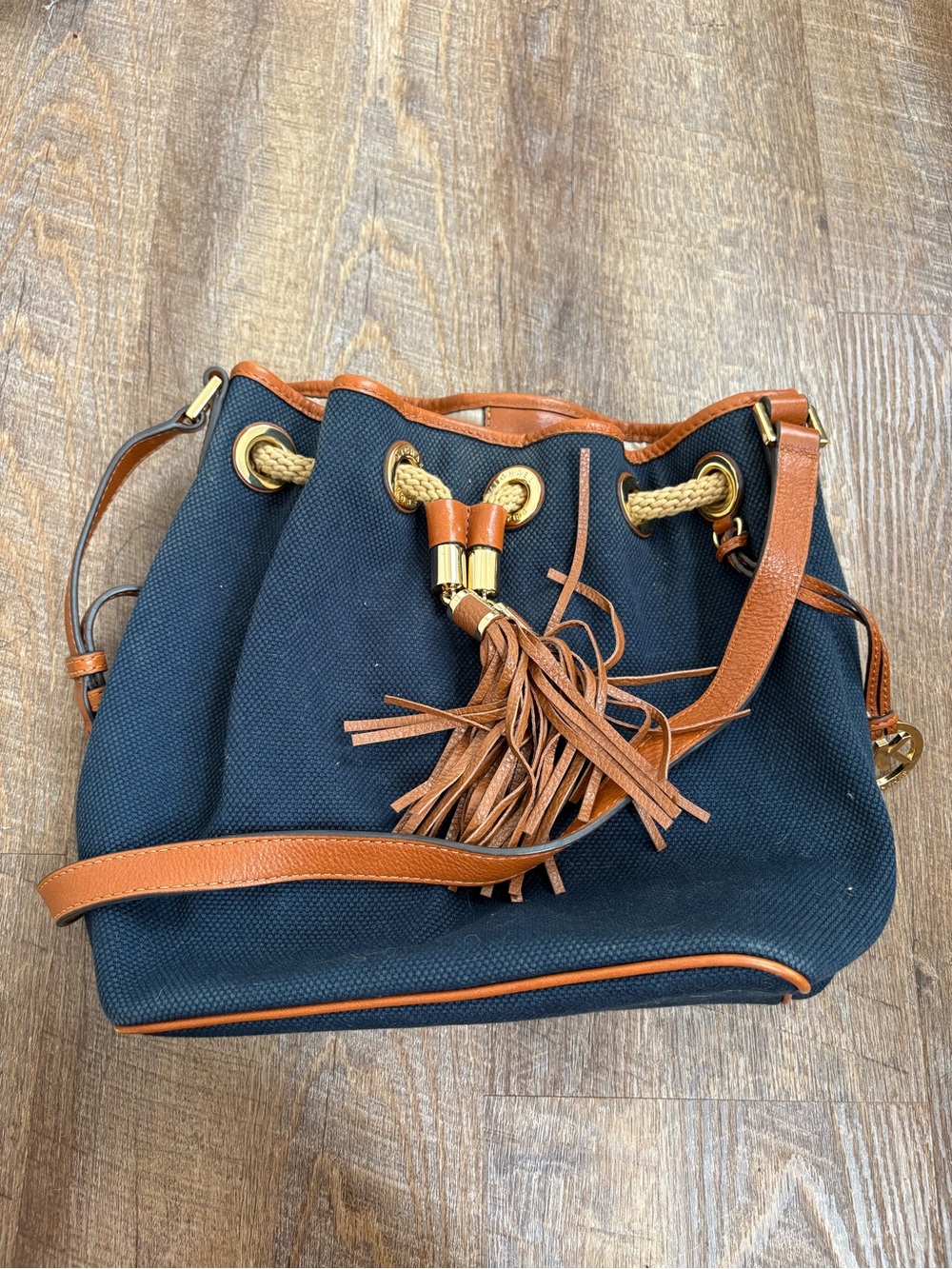 Michael Kors Navy & Tan Drawstring Bucket Bag